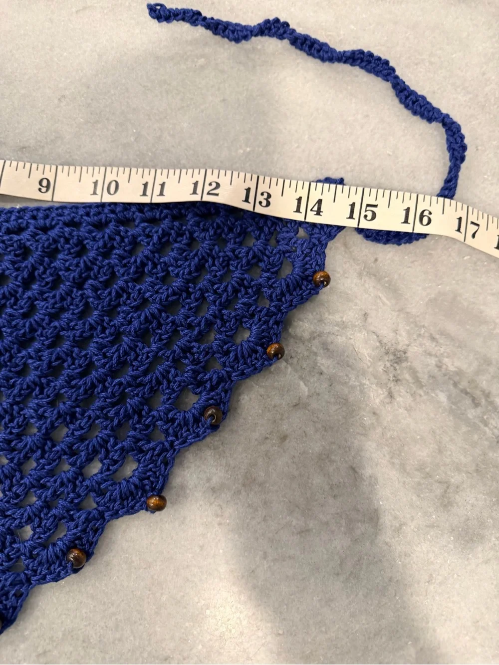 Handmade Crochet Wood Beaded Kerchief Head Scarf Cotton Boho Bandana Cottagecore